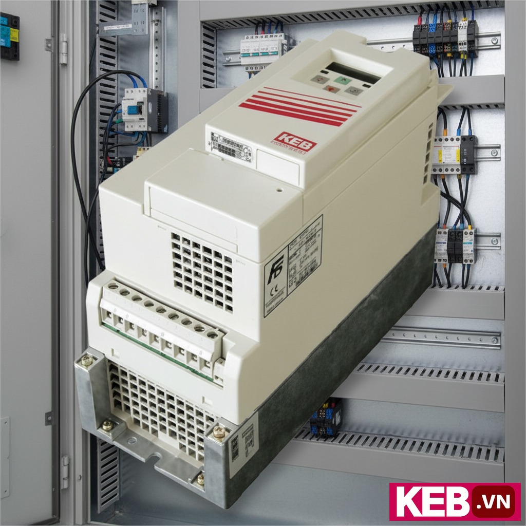 Biến tần KEB 07F5C1B-3B0A 0.75kW 3 Pha 380V - Ảnh chụp cận cảnh biến tần KEB Combivert F5 Compact 07F5C1B-3B0A với các cổng kết nối rõ nét, nền sáng chuyên nghiệp