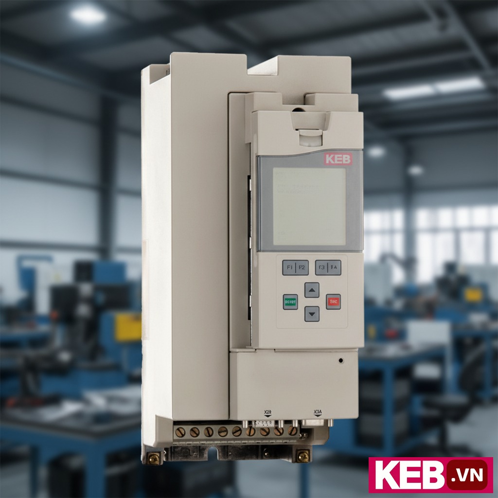 Biến tần KEB 09F5A1A-3D2F 1.5kW 3 Pha 380V - Góc chụp nghiêng biến tần KEB Combivert F5 Multi model 09F5A1A-3D2F lắp trong tủ điện, hiển thị bảng mạch điều khiển và cổng kết nối truyền thông, nền xám công nghiệp
