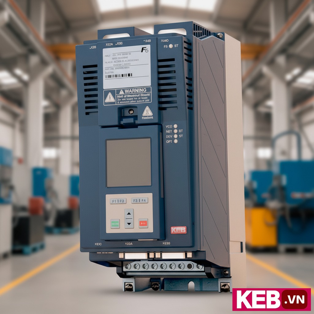 Biến tần KEB 12F6A12-3A11 4kW 3 Pha 380V - Góc nhìn nghiêng biến tần KEB F6 model 12F6A12-3A11 gắn trên tủ điện công nghiệp, nền trắng, chi tiết cổng kết nối và nhãn kỹ thuật rõ ràng