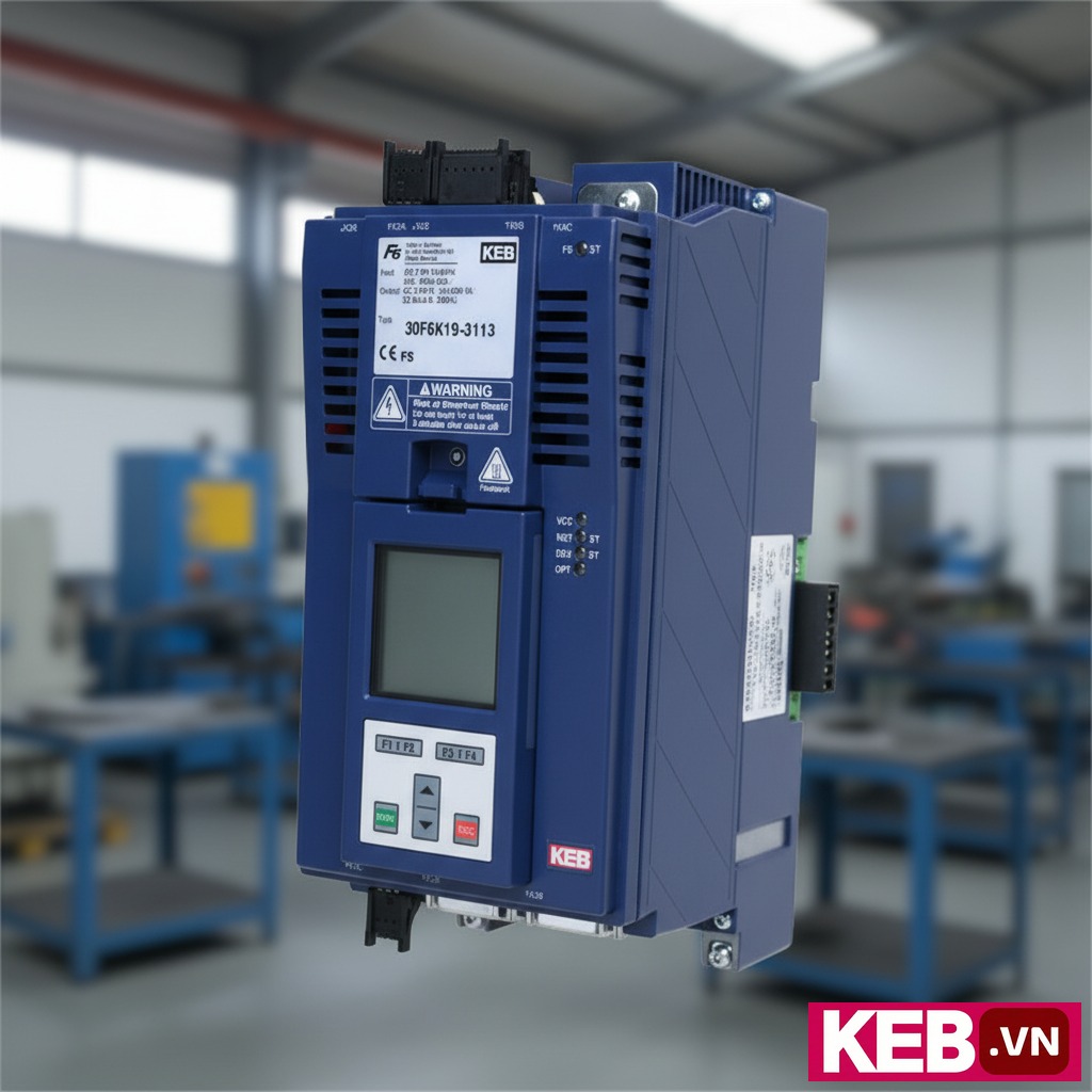 Biến tần KEB 30F6K19-3113 315kW 3 Pha 380V - Cận cảnh biến tần KEB F6 COMPACT model 30F6K19-3113, góc chéo, nền trắng, thể hiện cổng giao tiếp RS232/485 và mô-đun đầu vào/ra cùng nhãn thông số kỹ thuật