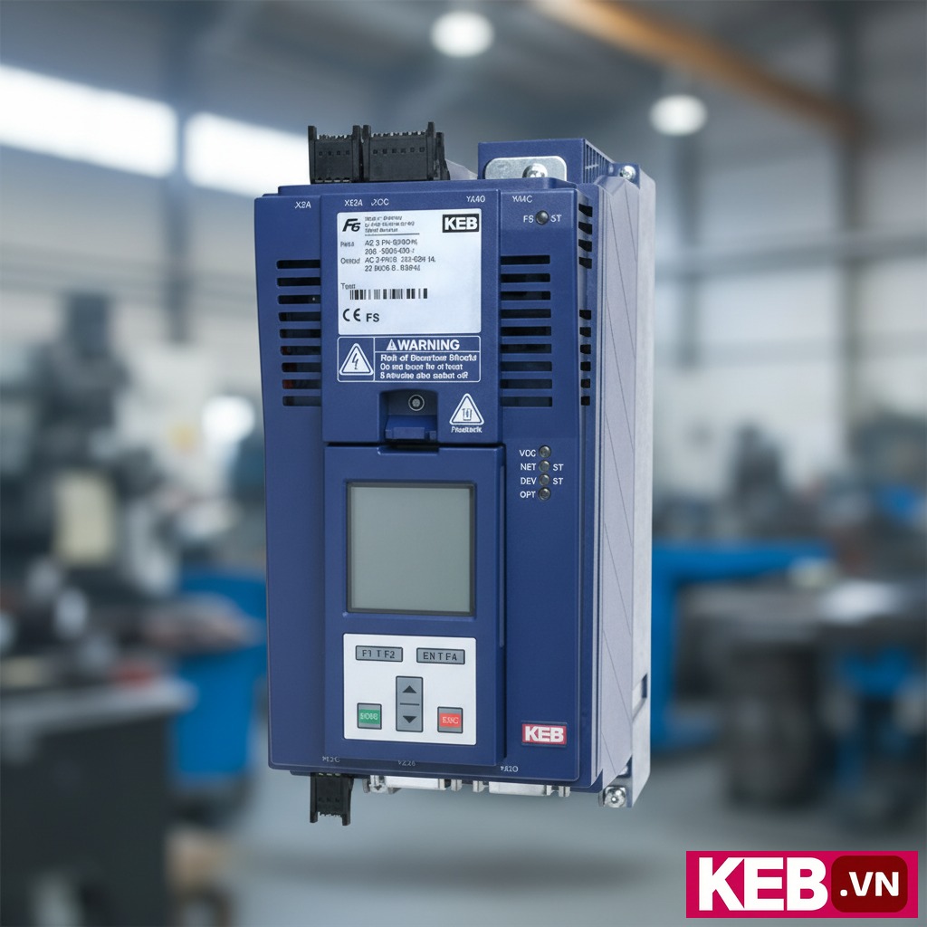 Biến tần KEB 32F6K19-3013 400kW 3 Pha 380V - Góc chụp nghiêng biến tần KEB F6 COMPACT 32F6K19-3013 đặt trong tủ điện, hiển thị mặt trước với các cổng kết nối RS485 và modul I/O, nền nhà xưởng, ánh sáng chi tiết rõ ràng