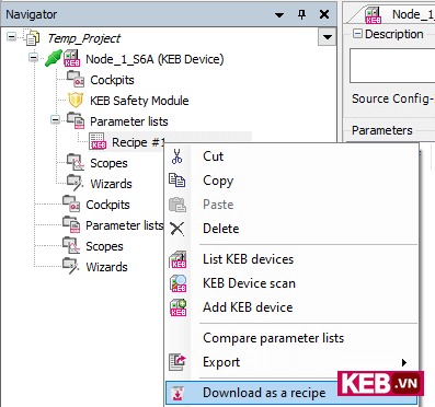 Combivis 6 software showing how to download parameters as a recipe to a KEB device