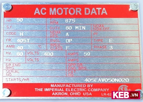 Imperial electric 875rpm 50hp name plate data