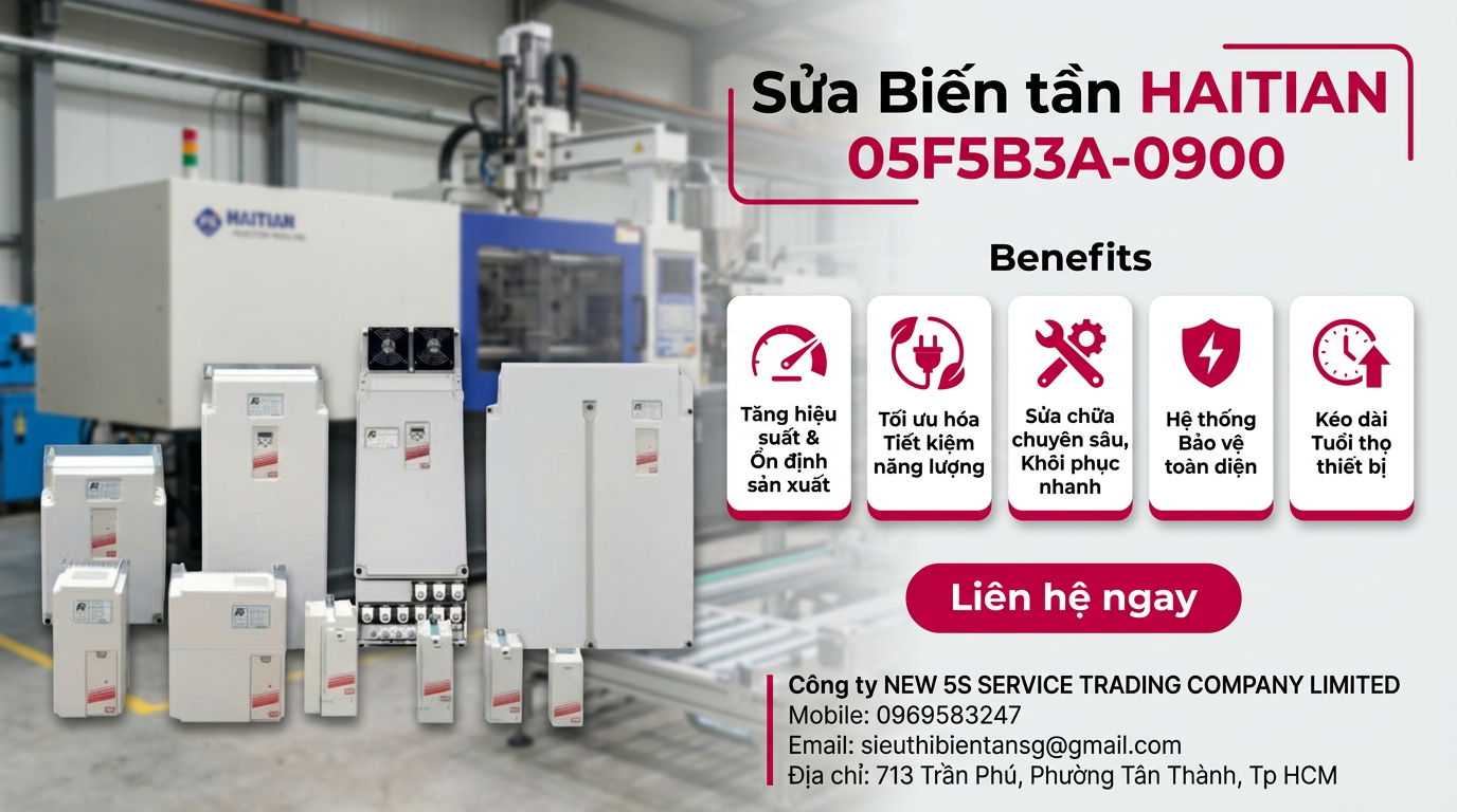 Biến tần HAITIAN 05F5B3A 0900 trên bàn kỹ thuật góc nhìn cận cảnh bảng điều khiển và cổng kết nối