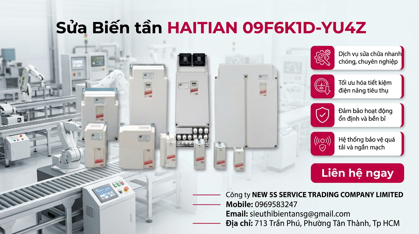 Biến tần HAITIAN 09F6K1D-YU4Z góc cận cảnh bảng mạch, cổng nguồn, bo mạch điều khiển, cảnh sửa chữa trên bàn kỹ thuật