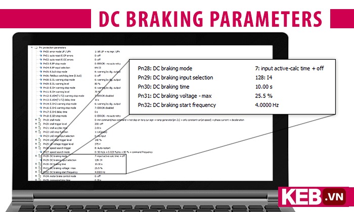 DC Braking parameters on KEB's Combivis Studio 6 Software
