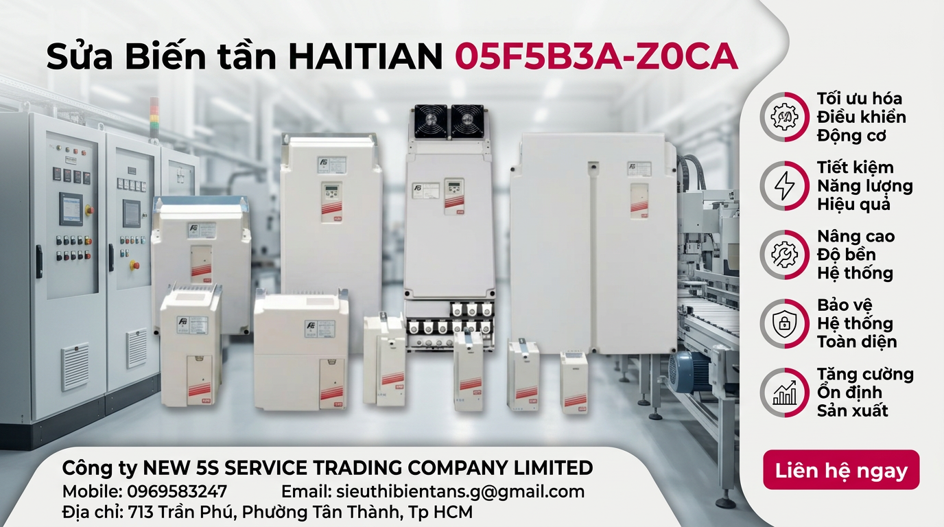 Góc chụp chi tiết mặt trước biến tần HAITIAN 05F5B3A-Z0CA với màn hình lỗi và cổng kết nối kỹ thuật