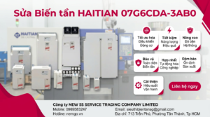 Góc nhìn cận cảnh mạch công suất và bo điều khiển biến tần HAITIAN 07G6CDA-3AB0 trên bàn sửa chữa kỹ thuật, chi tiết linh kiện