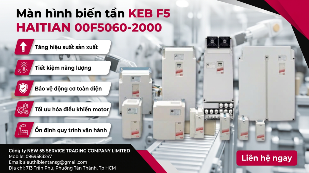 Góc nhìn chi tiết mặt trước màn hình biến tần KEB F5 HAITIAN 00F5060-2000 hiển thị thông số và phím bấm