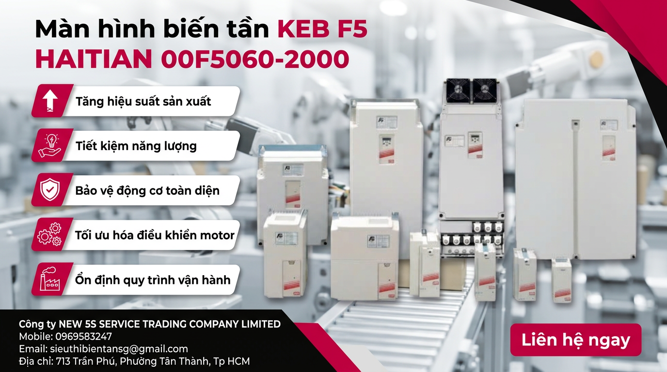 Góc nhìn chi tiết mặt trước màn hình biến tần KEB F5 HAITIAN 00F5060-2000 hiển thị thông số và phím bấm
