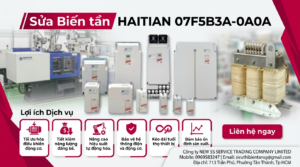 Góc nhìn kỹ thuật biến tần HAITIAN 07F5B3A-0A0A đặt trên bàn kiểm tra, nhìn nghiêng, tập trung vào cổng kết nối và bảng mạch