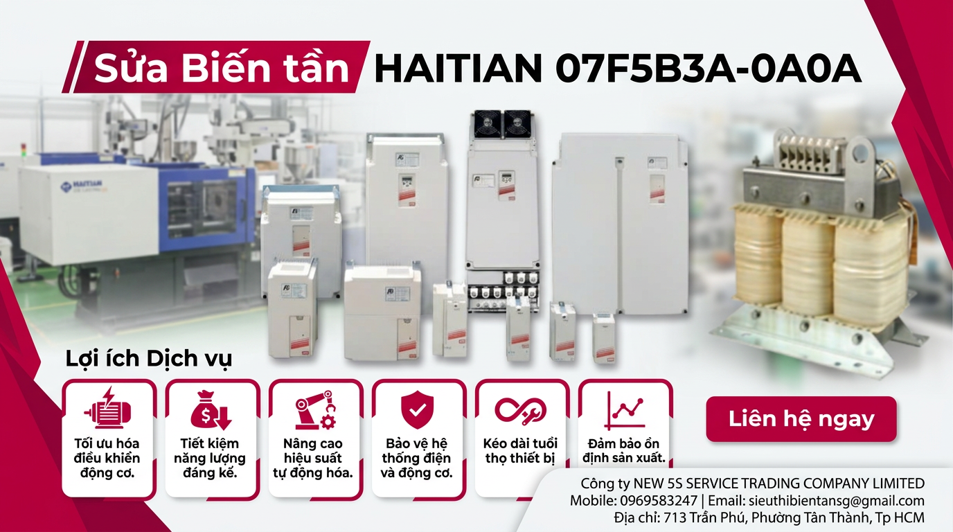 Góc nhìn kỹ thuật biến tần HAITIAN 07F5B3A-0A0A đặt trên bàn kiểm tra, nhìn nghiêng, tập trung vào cổng kết nối và bảng mạch