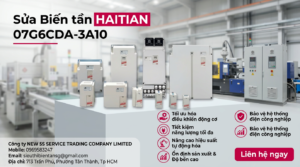 Hình ảnh mặt trước biến tần HAITIAN 07G6CDA-3A10 trên bàn sửa chữa với bảng mạch và màn hình hiển thị và công cụ kiểm tra điện