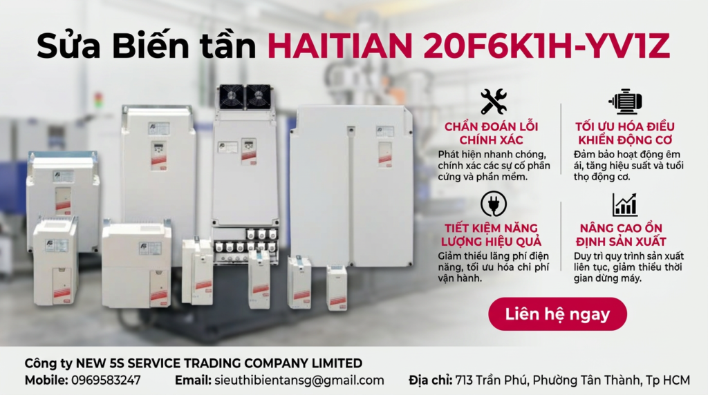 Kỹ thuật viên đang đo bo mạch sửa biến tần HAITIAN 20F6K1H-YV1Z trong xưởng với đồng hồ và tải giả an toàn