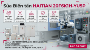 Kỹ thuật viên đo kiểm biến tần HAITIAN 20F6K1H-YU5P trên bàn test với đồng hồ và cáp động cơ