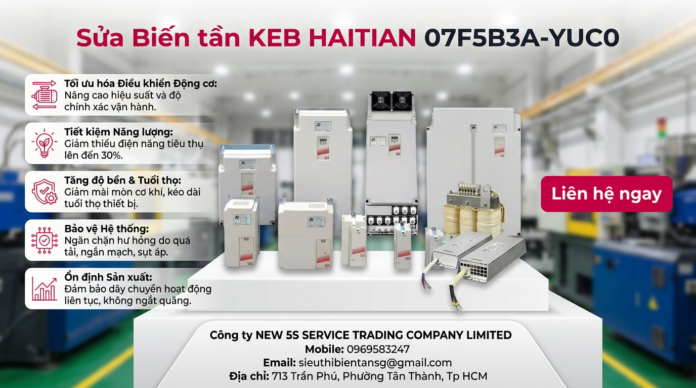 Kỹ thuật viên đo kiểm biến tần KEB HAITIAN 07F5B3A-YUC0 trên bàn test với đồng hồ và tải giả lập