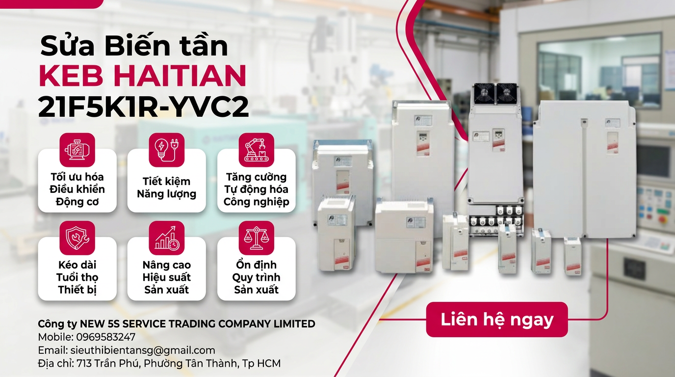 Kỹ thuật viên đo kiểm bo công suất sửa biến tần KEB HAITIAN 21F5K1R-YVC2 trên bàn test với đồng hồ và tải giả
