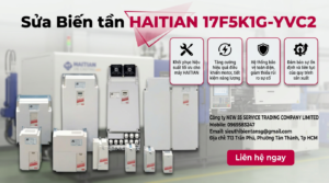 Kỹ thuật viên đo kiểm bo mạch khi sửa biến tần HAITIAN 17F5K1G-YVC2 trong phòng kỹ thuật sạch có đồng hồ đo và tải giả