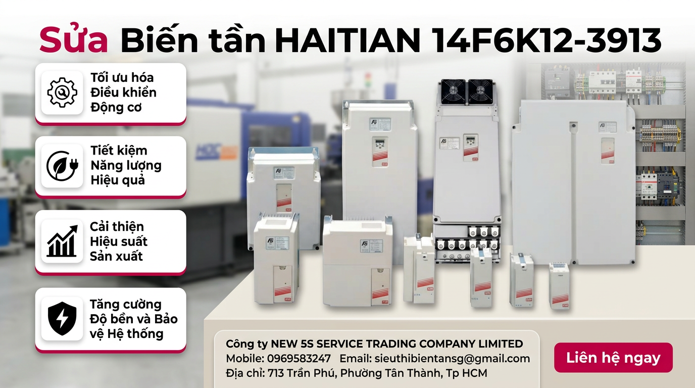 Kỹ thuật viên đo kiểm bo mạch và khối công suất của biến tần HAITIAN 14F6K12-3913 trong tủ điện nhà máy