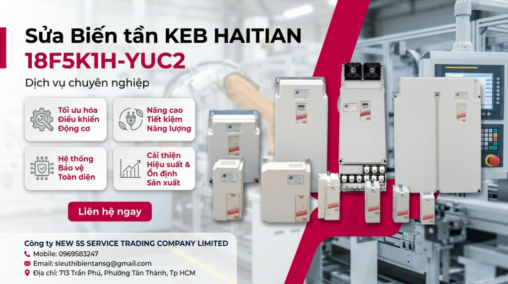 Kỹ thuật viên đo kiểm và vệ sinh biến tần KEB HAITIAN 18F5K1H-YUC2 trên bàn test trong xưởng sửa chữa