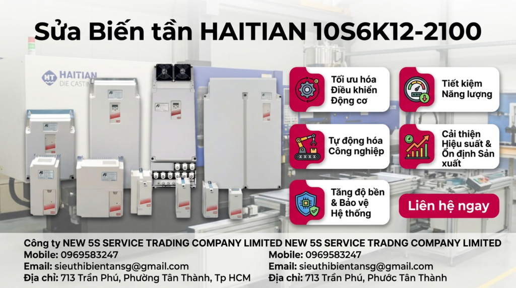 Kỹ thuật viên kiểm tra biến tần HAITIAN 10S6K12-2100 trong tủ điện sạch có quạt lọc và dây đi gọn