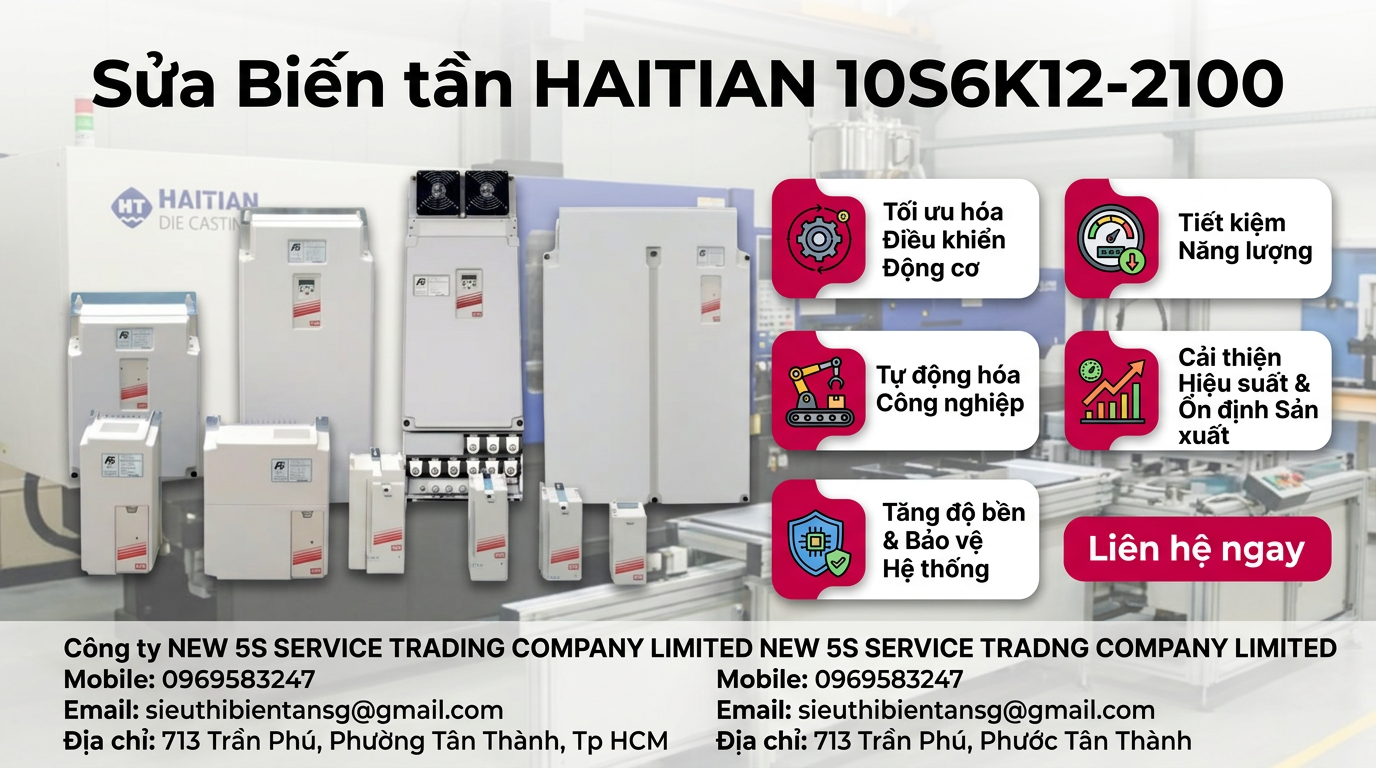 Kỹ thuật viên kiểm tra biến tần HAITIAN 10S6K12-2100 trong tủ điện sạch có quạt lọc và dây đi gọn