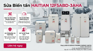 Kỹ thuật viên kiểm tra biến tần HAITIAN 12F5ABD-3AHA trên bàn test với đồng hồ đo và tải giả an toàn