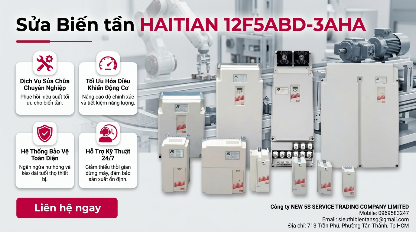 Kỹ thuật viên kiểm tra biến tần HAITIAN 12F5ABD-3AHA trên bàn test với đồng hồ đo và tải giả an toàn