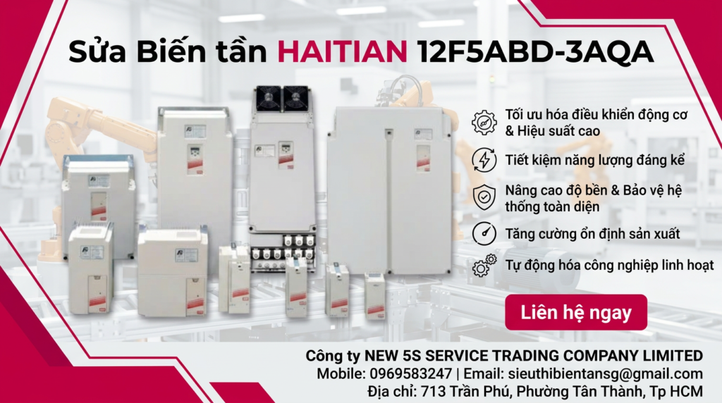 Kỹ thuật viên kiểm tra biến tần HAITIAN 12F5ABD-3AQA trên bàn test với đồng hồ đo và tải giả an toàn