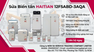 Kỹ thuật viên kiểm tra biến tần HAITIAN 12F5ABD-3AQA trên bàn test với đồng hồ đo và tải giả an toàn