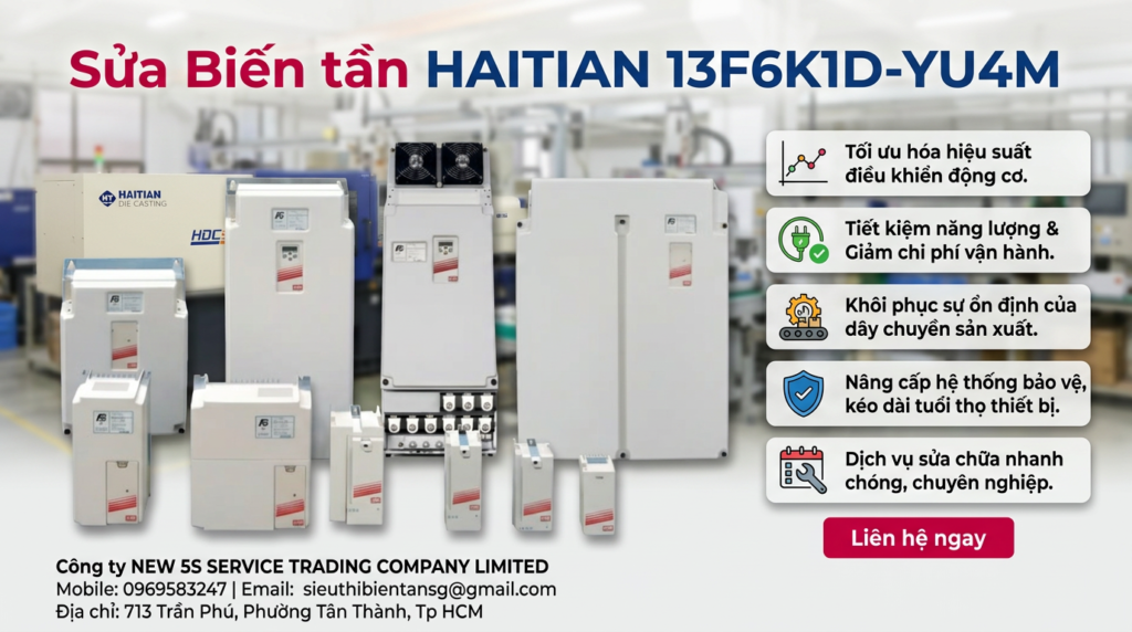 Kỹ thuật viên kiểm tra biến tần HAITIAN 13F6K1D-YU4M trên bàn test đo nguồn công suất và tín hiệu điều khiển