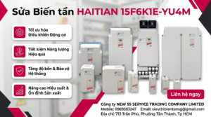 Kỹ thuật viên kiểm tra biến tần HAITIAN 15F6K1E-YU4M trên bàn test với đồng hồ đo và tải giả lập an toàn