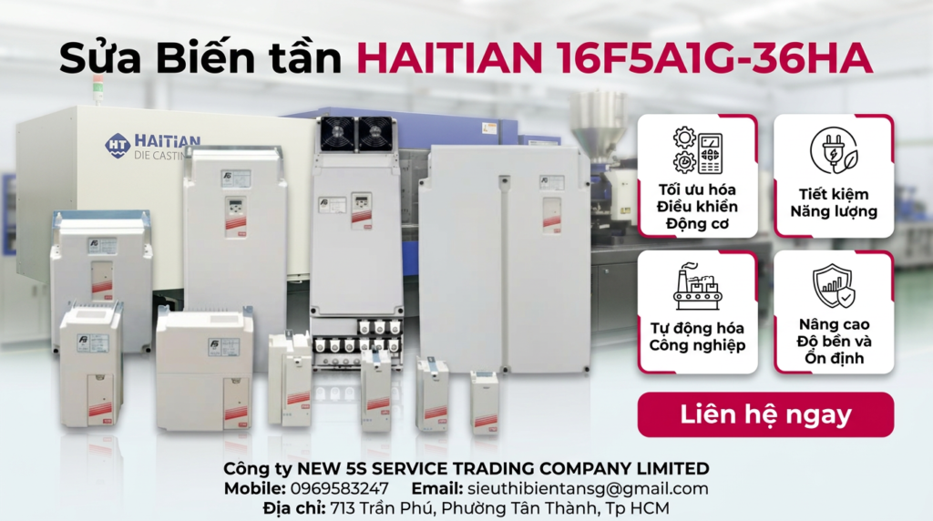 Kỹ thuật viên kiểm tra biến tần HAITIAN 16F5A1G-36HA trên bàn test với đồng hồ đo và dây nguồn gọn gàng