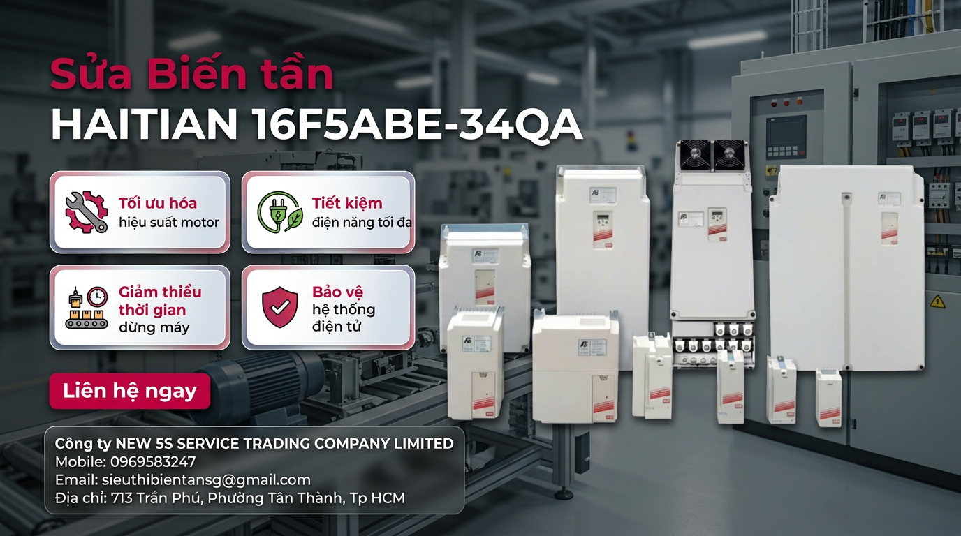 Kỹ thuật viên kiểm tra biến tần HAITIAN 16F5ABE-34QA trên bàn đo, đo nguồn DC và quan sát bo mạch điều khiển