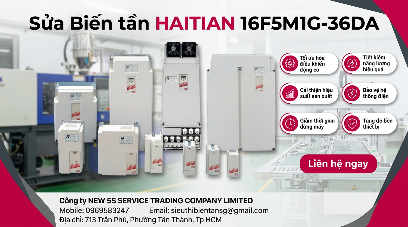 Kỹ thuật viên kiểm tra biến tần HAITIAN 16F5M1G-36DA trong tủ điện công nghiệp đo nguồn và tín hiệu điều khiển