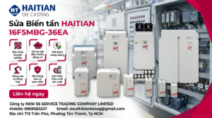 Kỹ thuật viên kiểm tra biến tần HAITIAN 16F5MBG-36EA trên bàn test với đồng hồ đo và cáp đấu tải an toàn