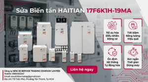Kỹ thuật viên kiểm tra biến tần HAITIAN 17F6K1H-19MA trên bàn test với đồng hồ đo và tải giả lập