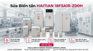 Kỹ thuật viên kiểm tra biến tần HAITIAN 18F5A1R-Z00H trên bàn test với đồng hồ đo và dây nguồn gọn gàng