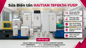 Kỹ thuật viên kiểm tra biến tần HAITIAN 19F6K1H-YU5P trên bàn thử tải với đồng hồ đo và dây cáp gọn