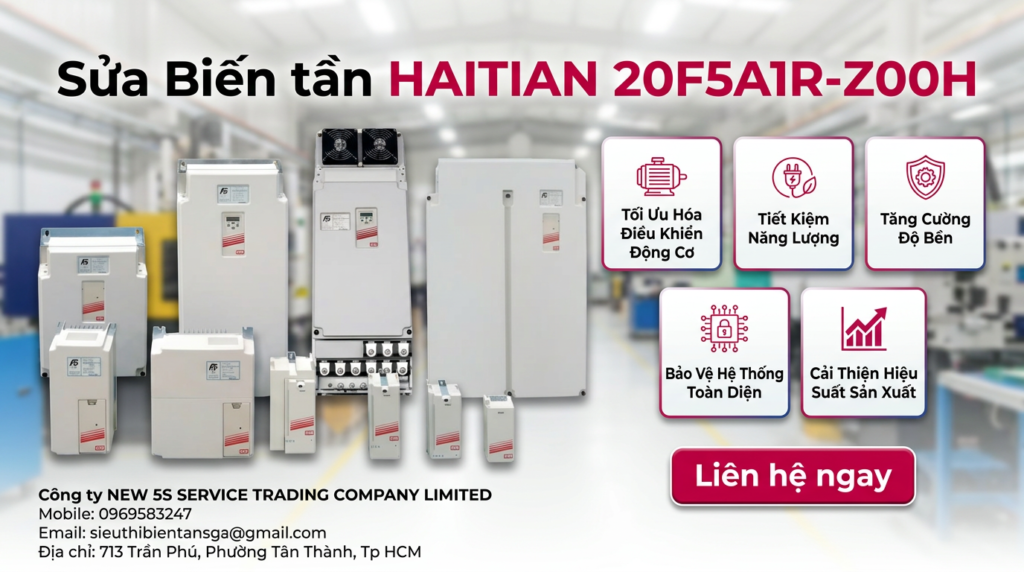 Kỹ thuật viên kiểm tra biến tần HAITIAN 20F5A1R-Z00H trên bàn test, đo nguồn DC và tín hiệu điều khiển trong xưởng