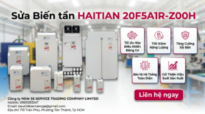 Kỹ thuật viên kiểm tra biến tần HAITIAN 20F5A1R-Z00H trên bàn test, đo nguồn DC và tín hiệu điều khiển trong xưởng