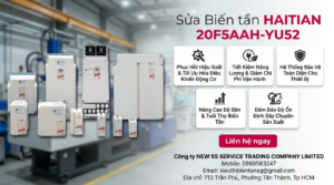 Kỹ thuật viên kiểm tra biến tần HAITIAN 20F5AAH-YU52 trên bàn test với đồng hồ đo và dây tải giả an toàn