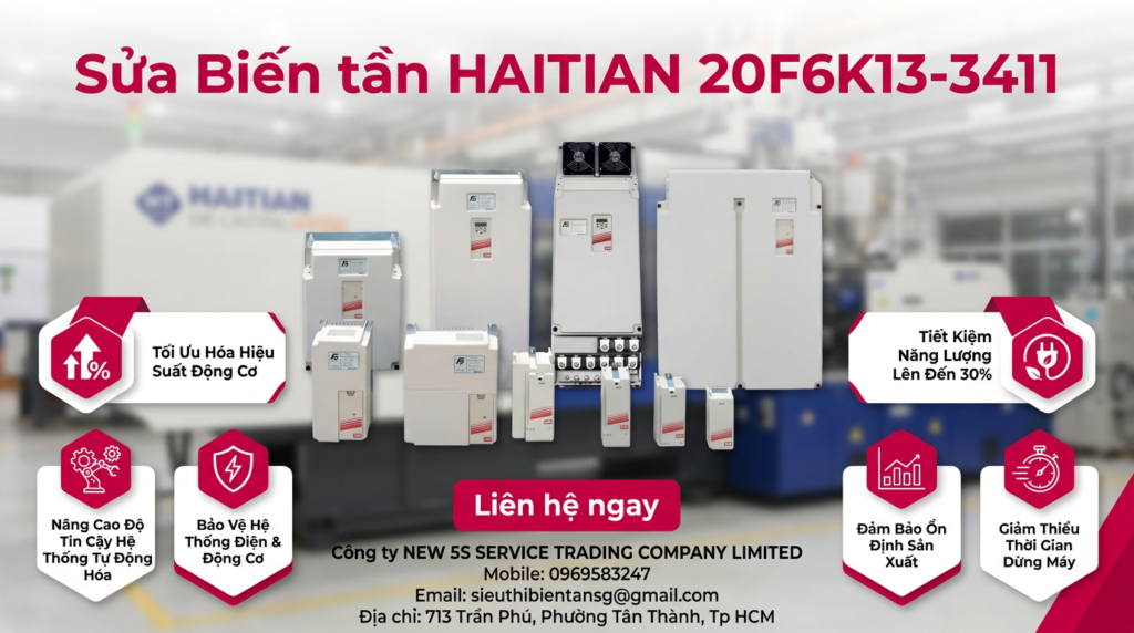 Kỹ thuật viên kiểm tra biến tần HAITIAN 20F6K13-3411 trên bàn test, đo DC bus và quan sát sóng PWM ổn định