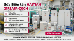 Kỹ thuật viên kiểm tra biến tần HAITIAN 21F5A1R-Z00H trong tủ điện, đo nguồn DC bus, quan sát quạt tản nhiệt và cọc đấu dây