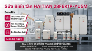 Kỹ thuật viên kiểm tra biến tần HAITIAN 28F6K1P-YU5M trên bàn test với đồng hồ đo và cáp kết nối gọn gàng