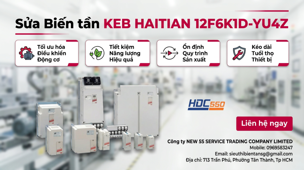 Kỹ thuật viên kiểm tra biến tần KEB HAITIAN 12F6K1D-YU4Z bằng đồng hồ đo và tải giả trong xưởng sạch sẽ