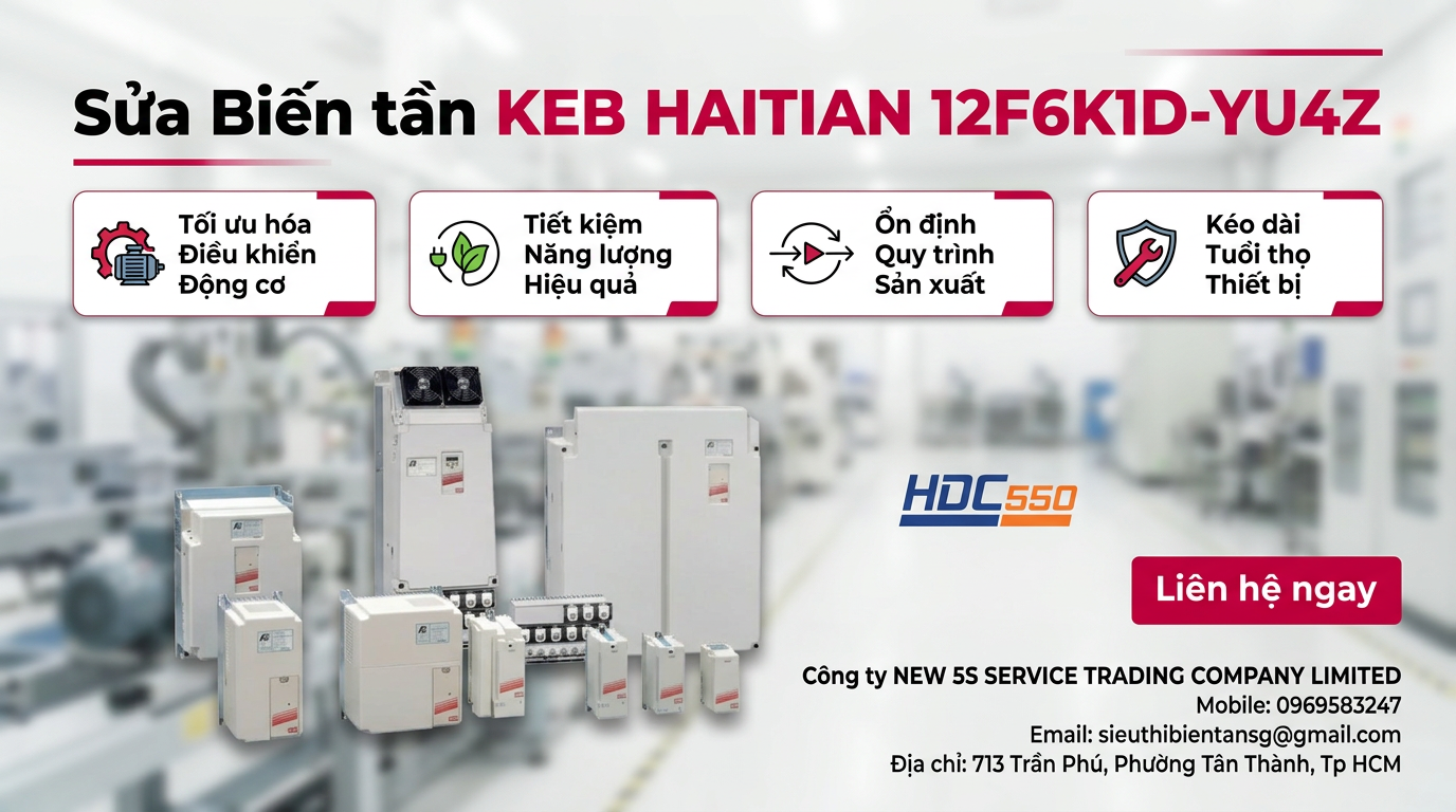 Kỹ thuật viên kiểm tra biến tần KEB HAITIAN 12F6K1D-YU4Z bằng đồng hồ đo và tải giả trong xưởng sạch sẽ