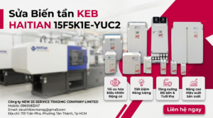 Kỹ thuật viên kiểm tra biến tần KEB HAITIAN 15F5K1E-YUC2 trên bàn test với đồng hồ đo và quạt làm mát