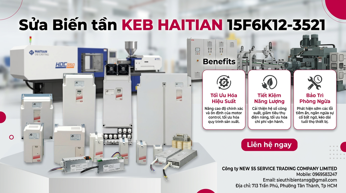 Kỹ thuật viên kiểm tra biến tần KEB HAITIAN 15F6K12-3521 trong tủ điện, đo nguồn vào, quan sát quạt và terminal công suất