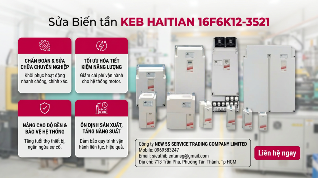 Kỹ thuật viên kiểm tra biến tần KEB HAITIAN 16F6K12-3521 trong tủ điện, đo nguồn, kiểm tra quạt, quan sát bo công suất
